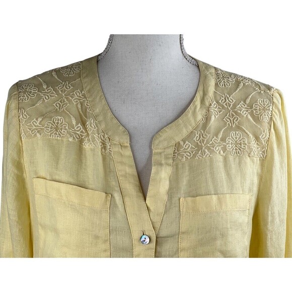 Chicos Womens Top 0 Small Yellow Linen 3/4 Roll Up Sleeve Embroidered Boho - Picture 2 of 9